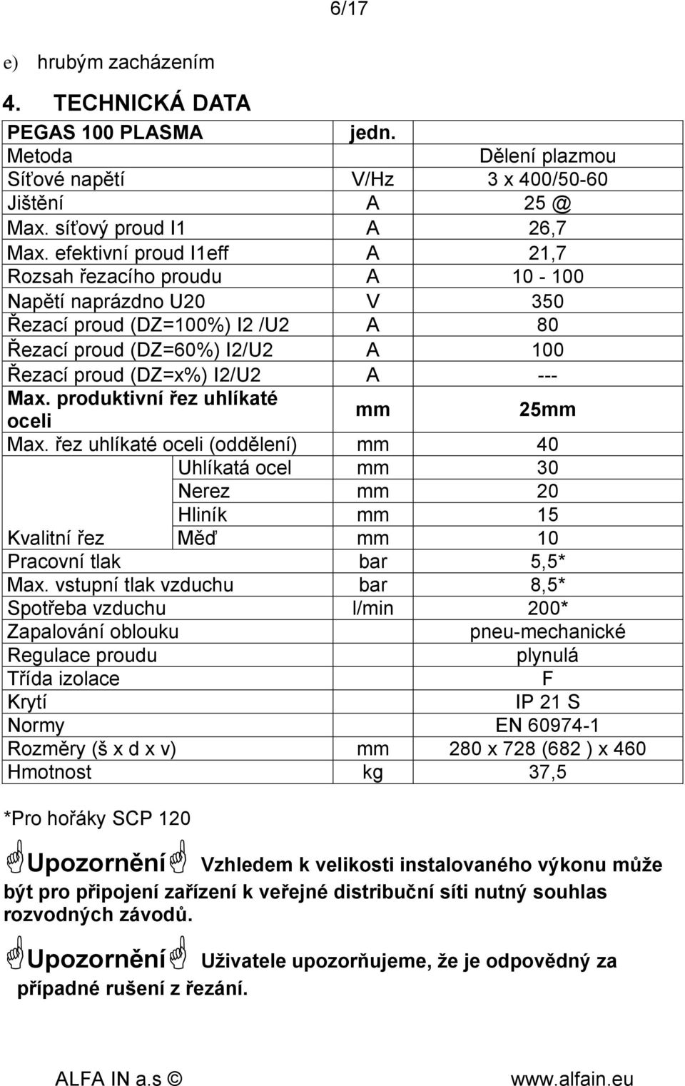 produktivní řez uhlíkaté oceli mm 25mm Max. řez uhlíkaté oceli (oddělení) mm 40 Uhlíkatá ocel mm 30 Nerez mm 20 Hliník mm 15 Kvalitní řez Měď mm 10 Pracovní tlak bar 5,5* Max.