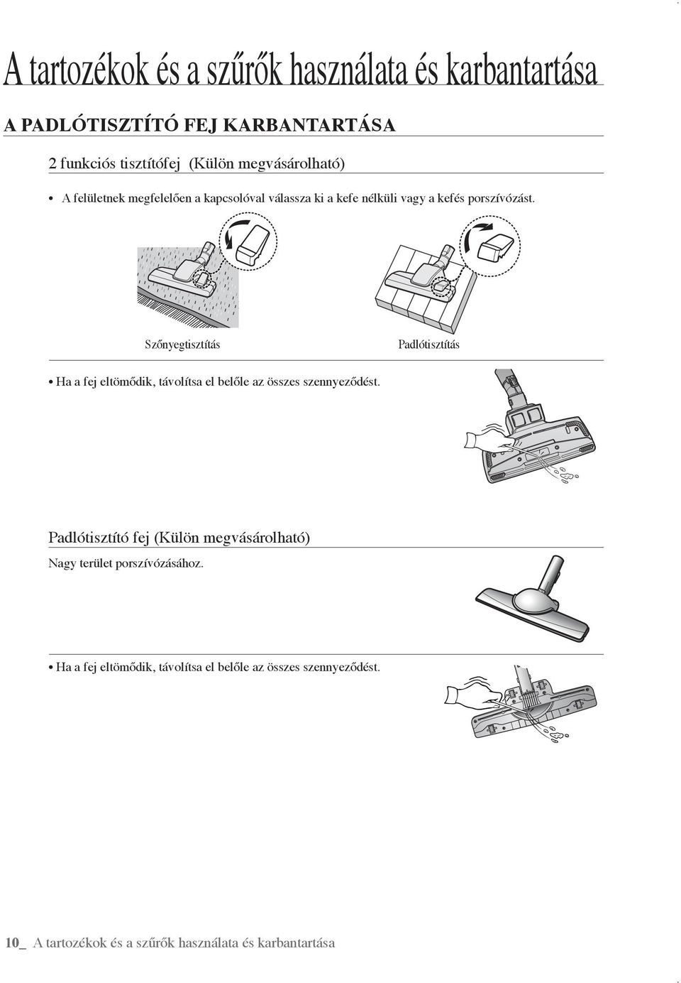 Szőnyegtisztítás Padlótisztítás Ha a fej eltömődik, távolítsa el belőle az összes szennyeződést.