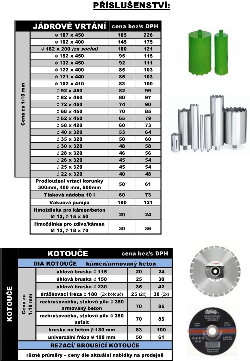 320 45 54 22 x 320 40 48 Prodloužení vrtací korunky 300mm, 400 mm, 500mm 50 61 Tlaková nádoba 10 l 60 73 Vakuová pumpa 100 121 Hmoždinka pro kámen/beton M 12, 15 x 50 20 24 Hmoždinka pro zdivo/kámen