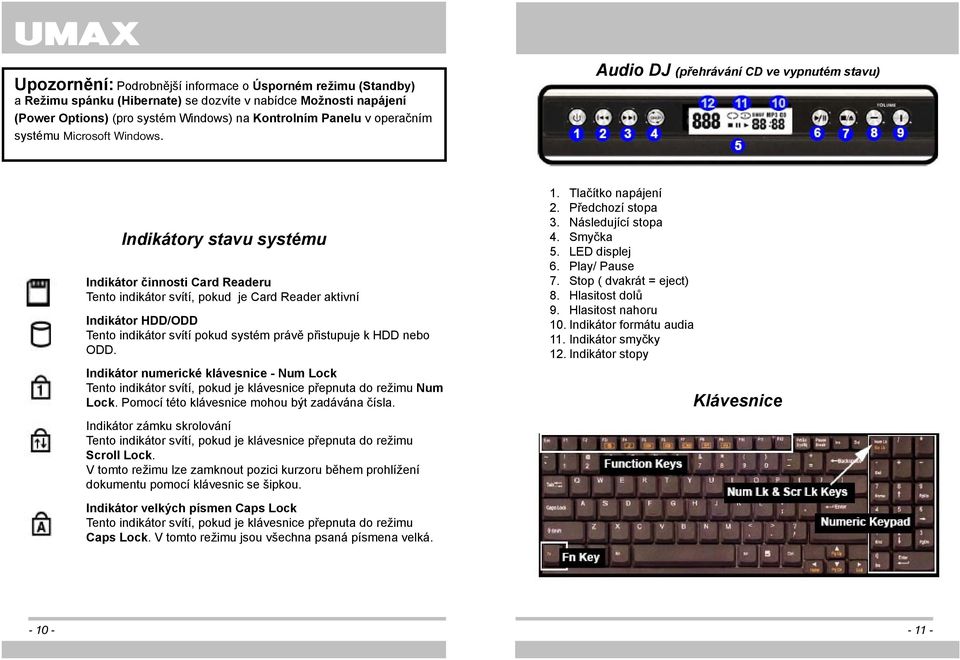 Audio DJ (přehrávání CD ve vypnutém stavu) Indikátory stavu systému Indikátor činnosti Card Readeru Tento indikátor svítí, pokud je Card Reader aktivní Indikátor HDD/ODD Tento indikátor svítí pokud