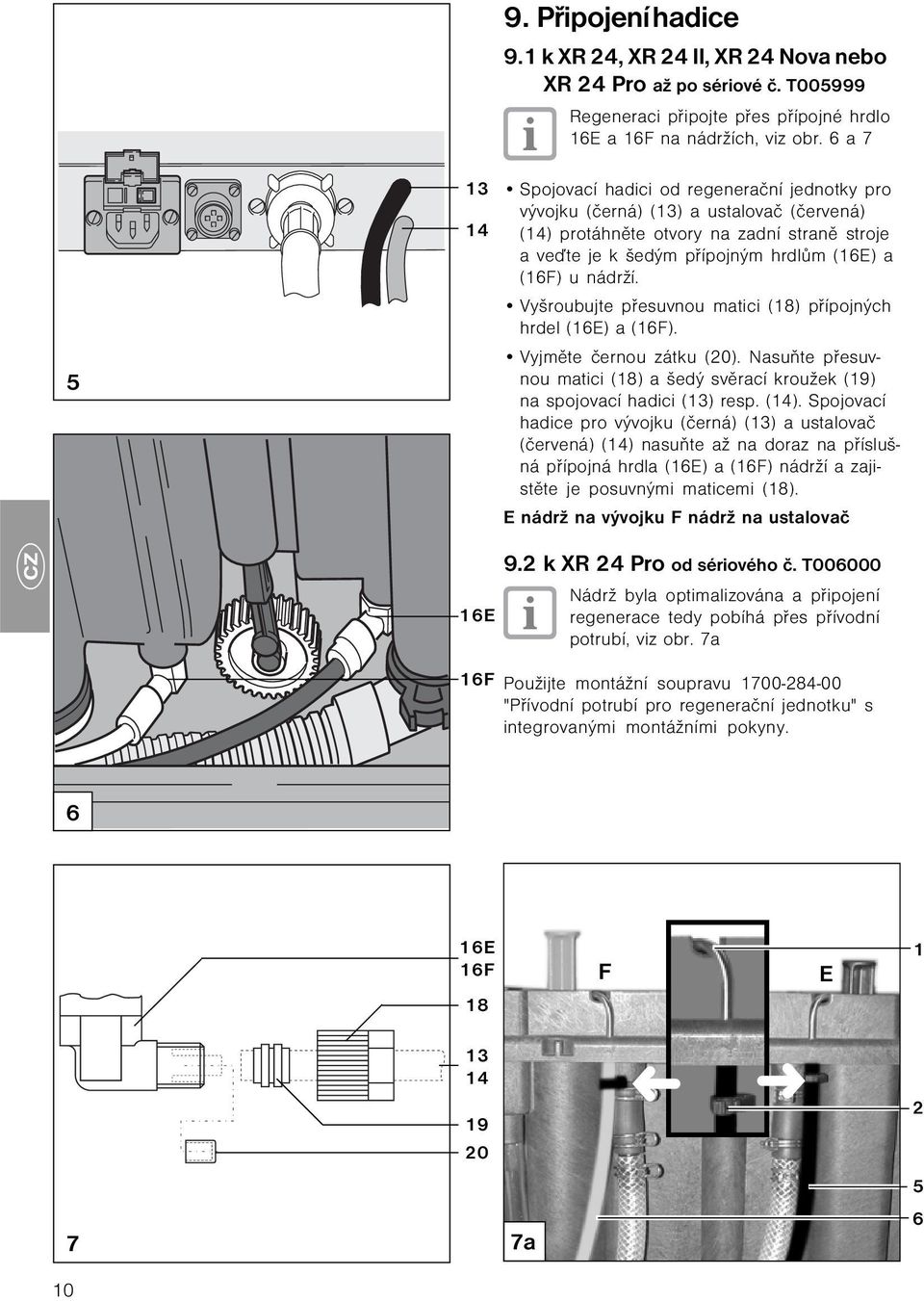 nádrží. Vyšroubujte přesuvnou matici (18) přípojných hrdel (16E) a (16F). Vyjměte černou zátku (20). Nasuňte přesuvnou matici (18) a šedý svěrací kroužek (19) na spojovací hadici (13) resp. (14).