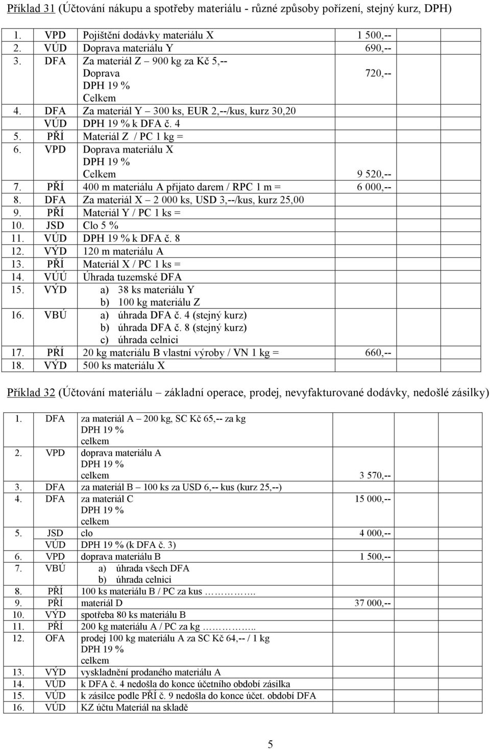 PŘÍ 400 m materiálu A přijato darem / RPC 1 m = 6 000,-- 8. DFA Za materiál X 2 000 ks, USD 3,--/kus, kurz 25,00 9. PŘÍ Materiál Y / PC 1 ks = 10. JSD Clo 5 % 11. VÚD k DFA č. 8 12.