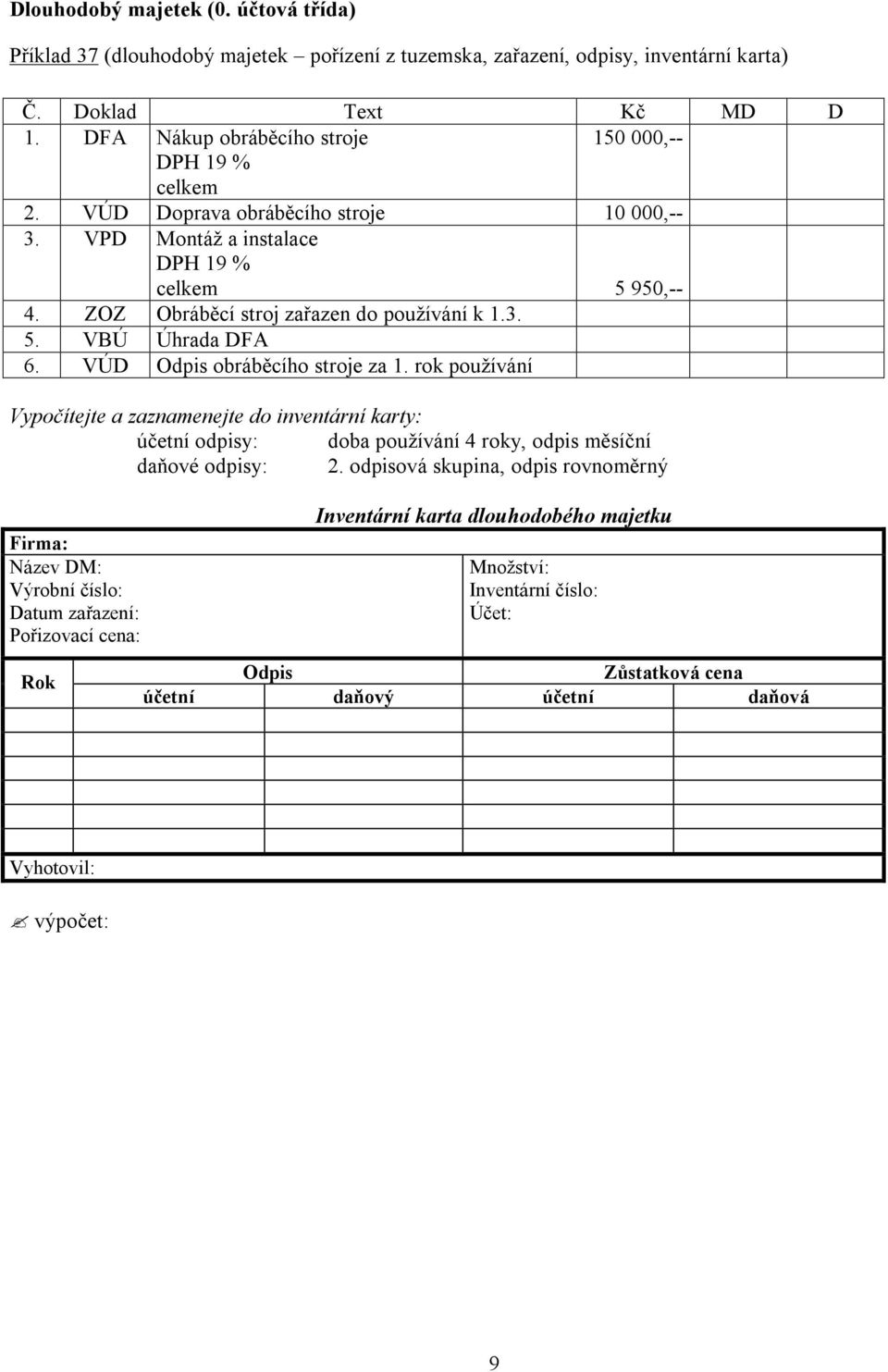 rok používání Vypočítejte a zaznamenejte do inventární karty: účetní odpisy: doba používání 4 roky, odpis měsíční daňové odpisy: 2.