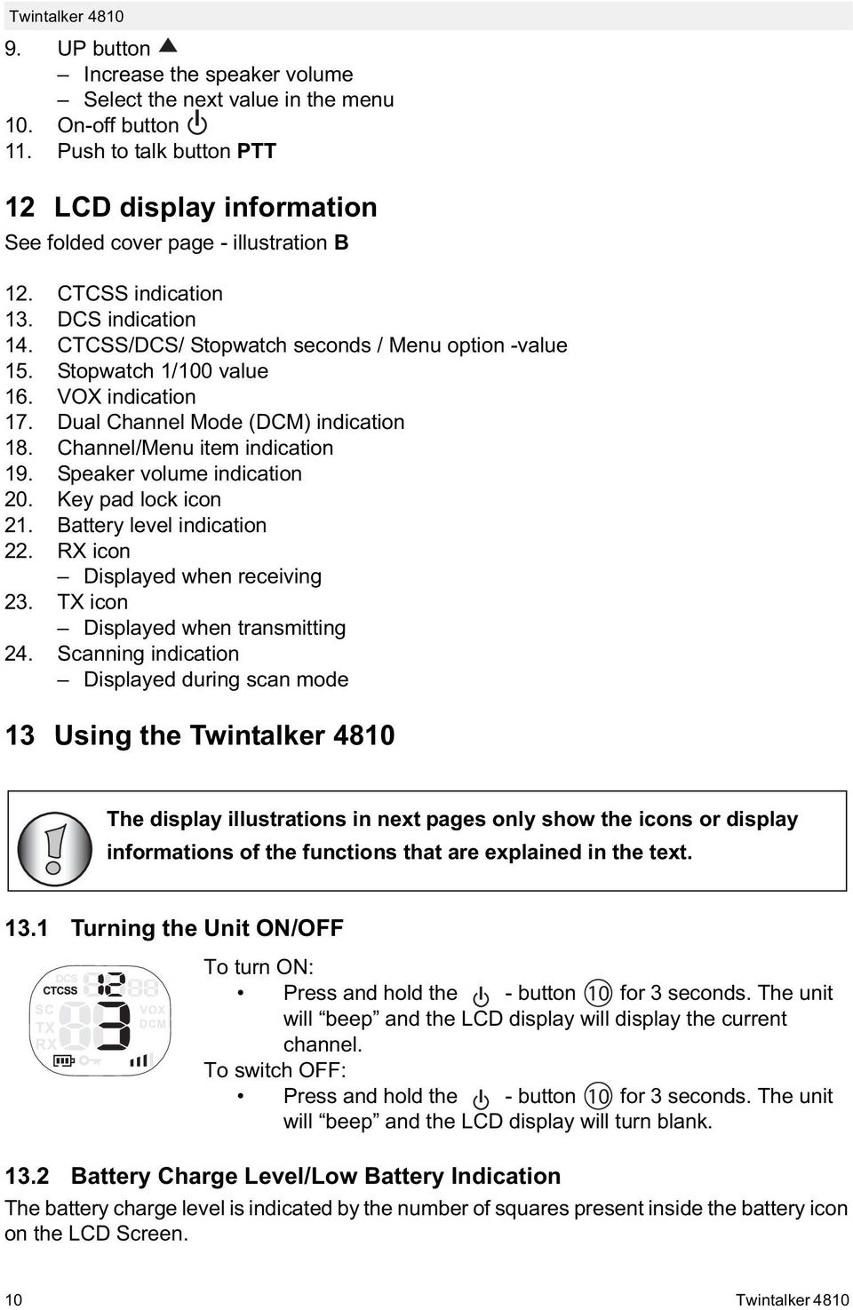 Channel/Menu item indication 19. Speaker volume indication 20. Key pad lock icon 21. Battery level indication 22. RX icon Displayed when receiving 23. TX icon Displayed when transmitting 24.