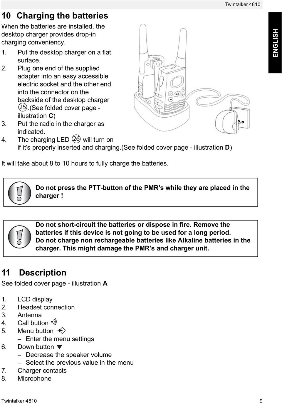 Put the radio in the charger as indicated. 4. The charging LED 26 will turn on if it s properly inserted and charging.