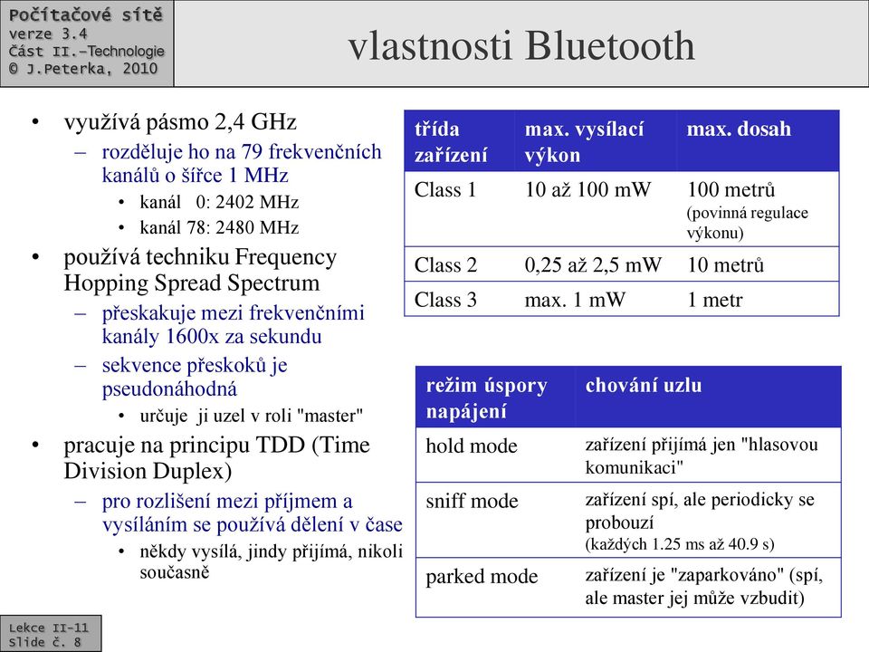 dělení v čase někdy vysílá, jindy přijímá, nikoli současně Slide č. 8 třída zařízení max. vysílací výkon max.