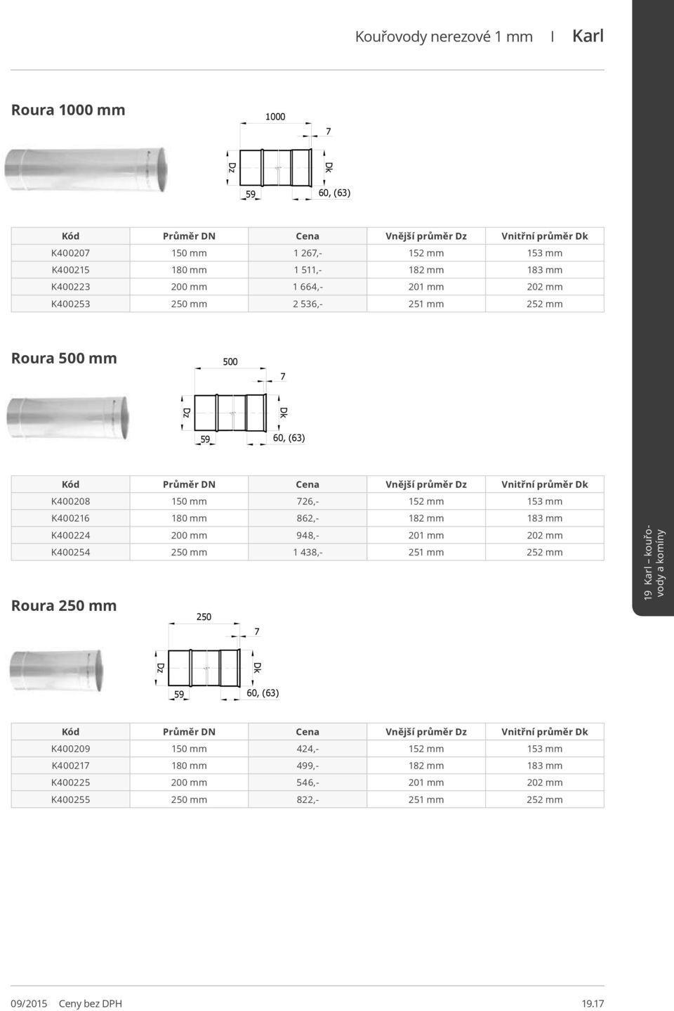 152 mm 153 mm K400216 180 mm 862,- 182 mm 183 mm K400224 200 mm 948,- 201 mm 202 mm K400254 250 mm 1 438,- 251 mm 252 mm Roura 250 mm 250 7 Dk Dz 59 60, (63) Kód Cena Vnější průměr