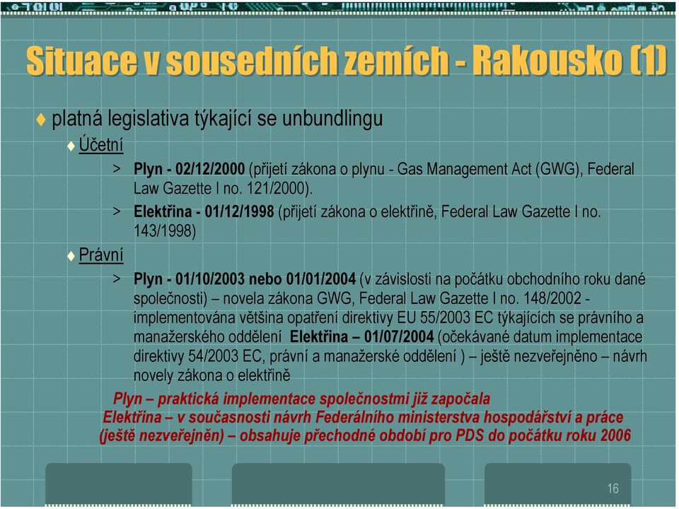 Právní > Plyn - 01/10/2003 nebo 01/01/2004 (v závislosti na počátku obchodního roku dané společnosti) novela zákona GWG, Federal Law Gazette I no.