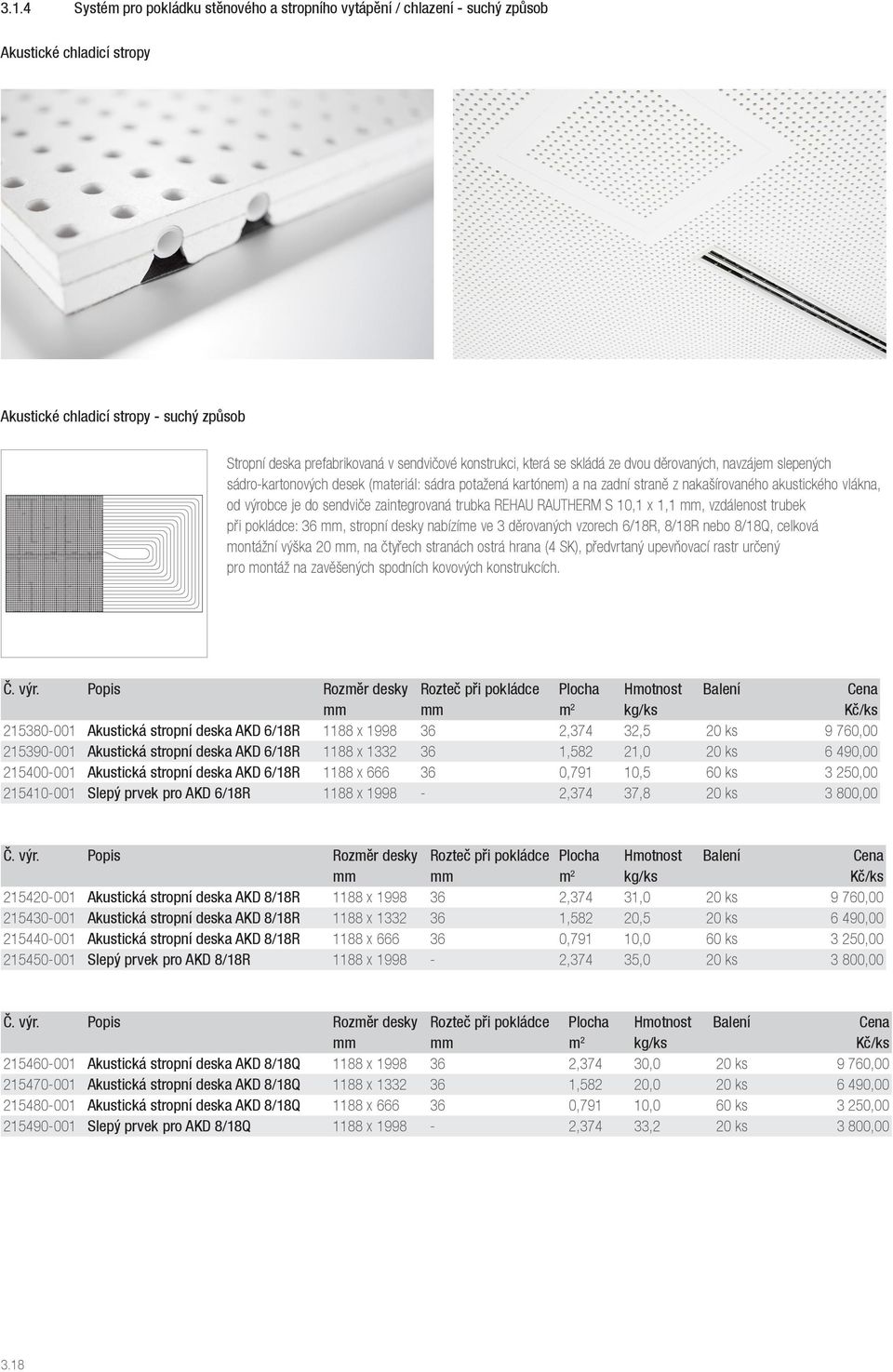 sendviče zaintegrovaná trubka REHAU RAUTHERM S 10,1 x 1,1 mm, vzdálenost trubek při pokládce: 36 mm, stropní desky nabízíme ve 3 děrovaných vzorech 6/18R, 8/18R nebo 8/18Q, celková montážní výška 20