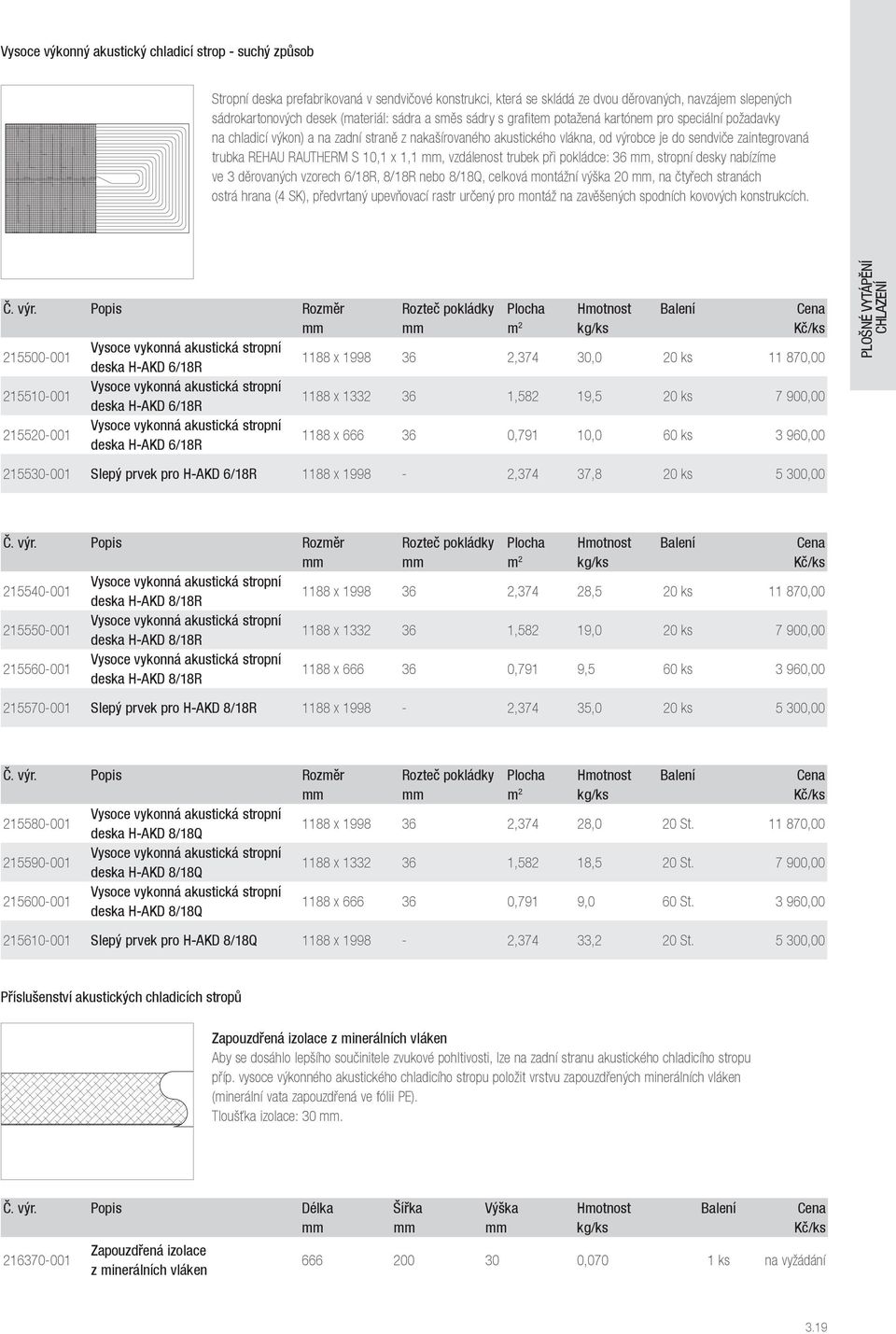 RAUTHERM S 10,1 x 1,1 mm, vzdálenost trubek při pokládce: 36 mm, stropní desky nabízíme ve 3 děrovaných vzorech 6/18R, 8/18R nebo 8/18Q, celková montážní výška 20 mm, na čtyřech stranách ostrá hrana