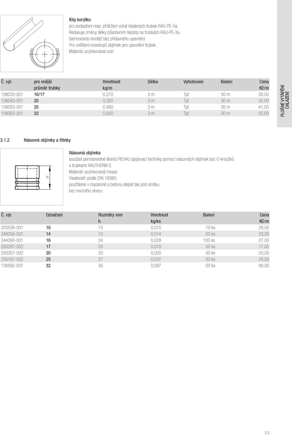 pro vnější Hmotnost Délka Vyhotovení Balení Cena průměr trubky kg/m Kč/m 138033-001 16/17 0,270 3 m Tyč 30 m 30,00 138043-001 20 0,320 3 m Tyč 30 m 32,00 138053-001 25 0,480 3 m Tyč 30 m 41,00