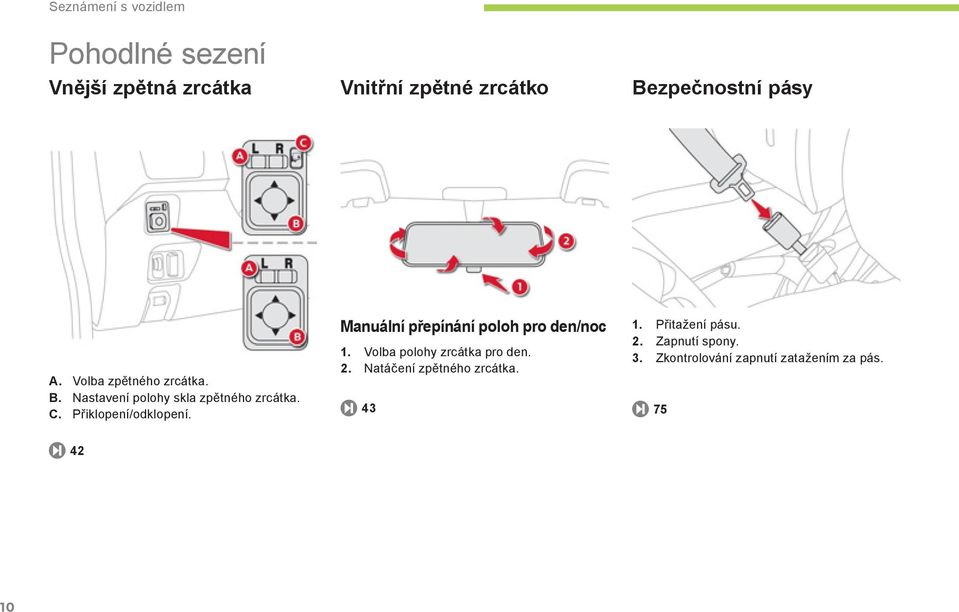 Přiklopení/odklopení. Manuální přepínání poloh pro den/noc 1. Volba polohy zrcátka pro den. 2.