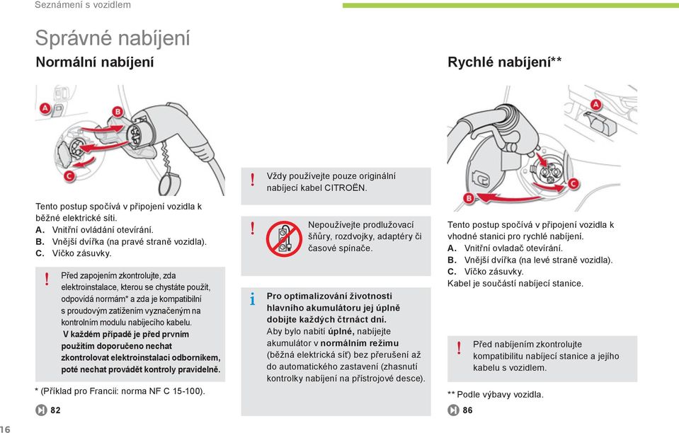 Před zapojením zkontrolujte, zda elektroinstalace, kterou se chystáte použít, odpovídá normám * a zda je kompatibilní s proudovým zatížením vyznačeným na kontrolním modulu nabíjecího kabelu.