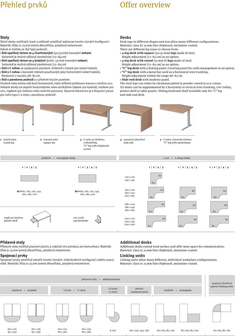 50 mm) kovovými nohami. Variantně je možná výšková stavitelnost (72 84 cm) Stůl s C nohou se spojovacím panelem. Volitelně s krytem pro vedení kabelů.