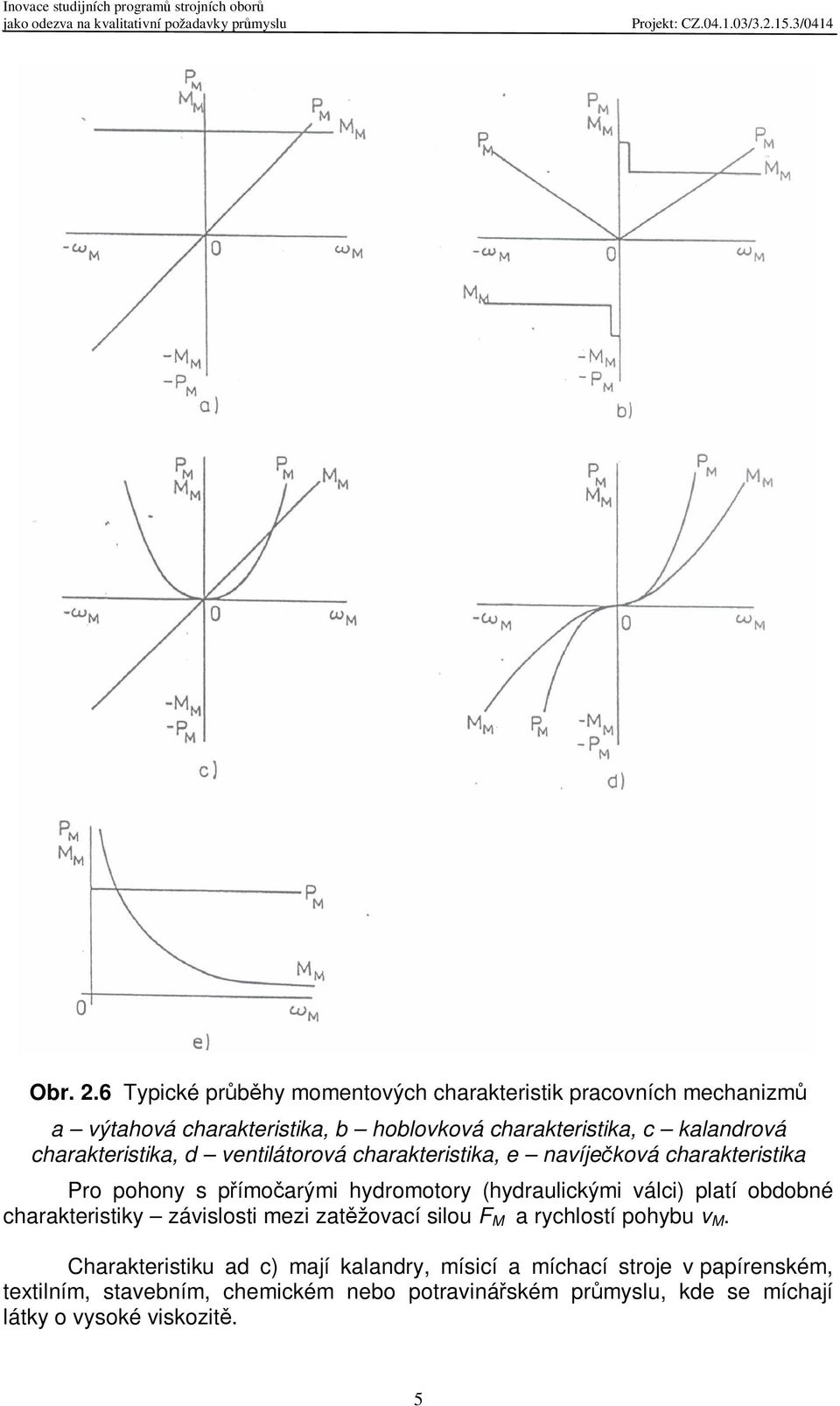 charakteristika, d ventilátorová charakteristika, e navíjeková charakteristika Pro pohony s pímoarými hydromotory (hydraulickými válci)