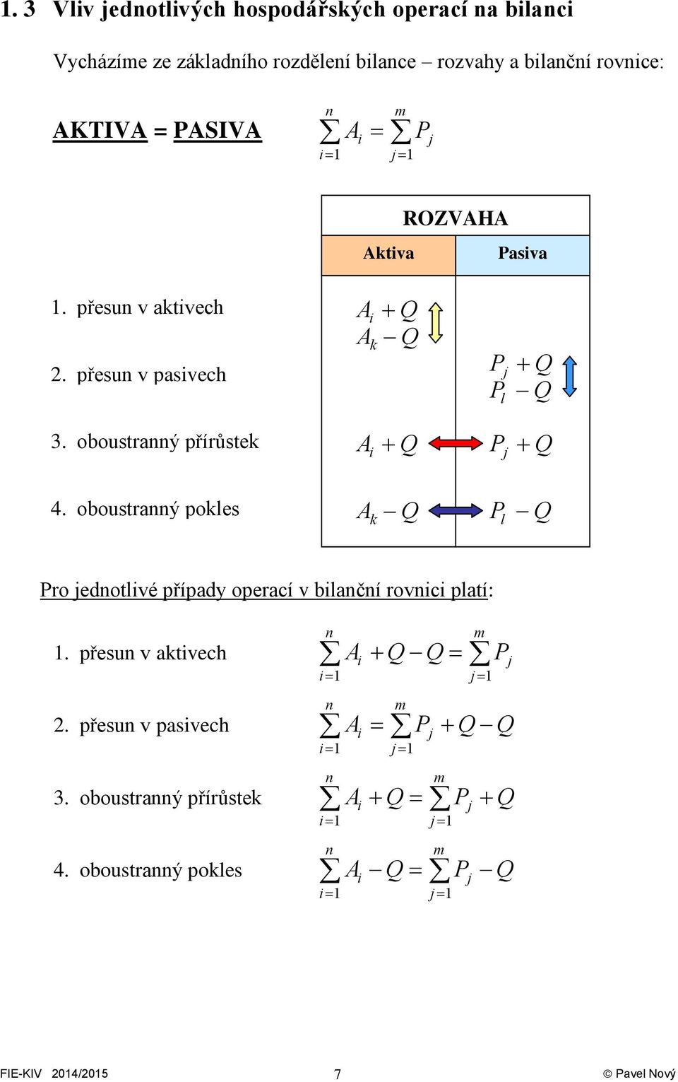 oboustranný přírůstek A i P j 4. oboustranný pokles A k P l Pro jednotlivé případy operací v bilanční rovnici platí: 1.