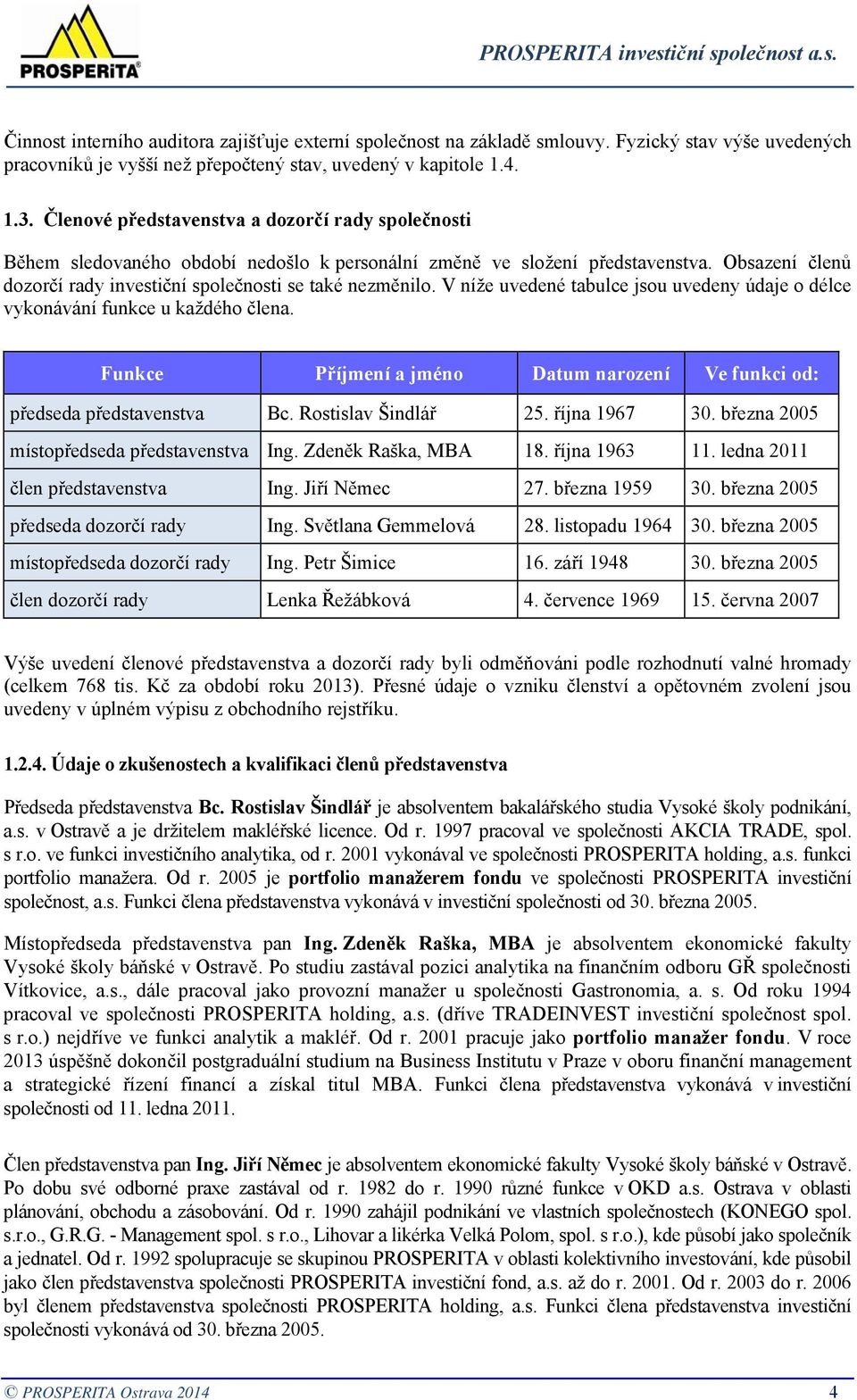 Členové představenstva a dozorčí rady společnosti Během sledovaného období nedošlo k personální změně ve složení představenstva. Obsazení členů dozorčí rady investiční společnosti se také nezměnilo.