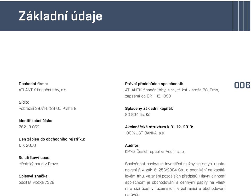 1993 Splacený základní kapitál: 80 934 tis. Kč Akcionářská struktura k 31. 12. 2013: 100 % J&T BANKA, a.s. Auditor: KPMG Česká republika Audit, s.r.o. Společnost poskytuje investiční služby ve smyslu ustanovení 4 zák.