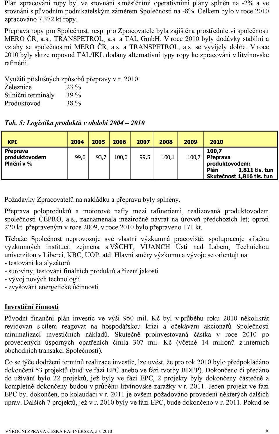 V roce 2010 byly dodávky stabilní a vztahy se společnostmi MERO ČR, a.s. a TRANSPETROL, a.s. se vyvíjely dobře.