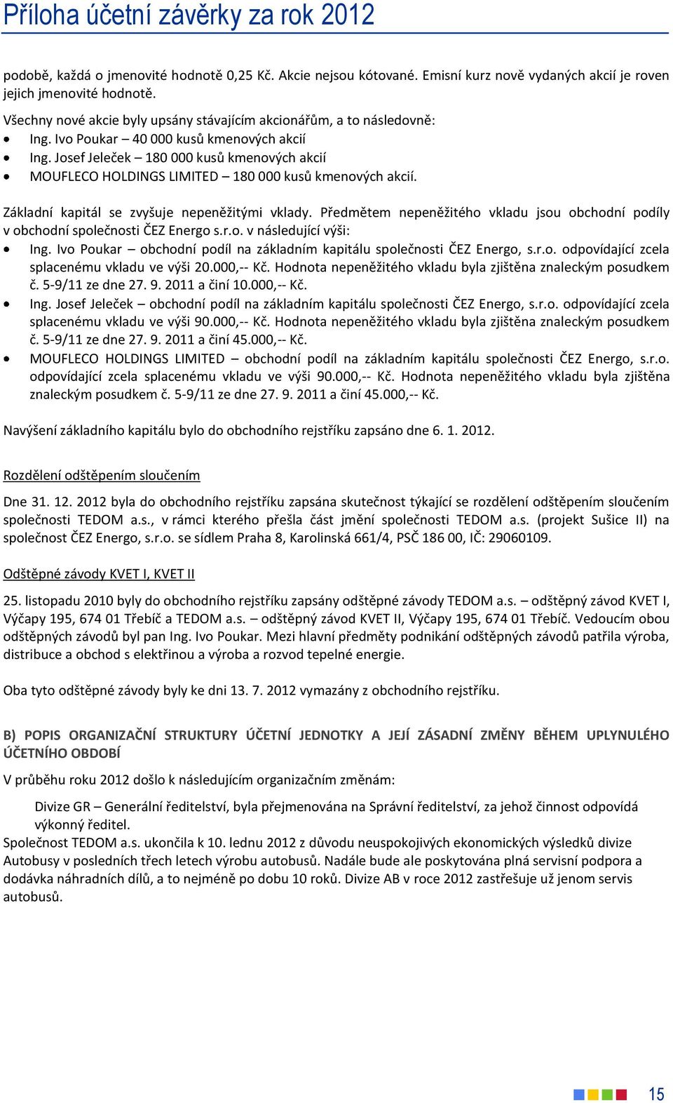 Josef Jeleček 180 000 kusů kmenových akcií MOUFLECO HOLDINGS LIMITED 180 000 kusů kmenových akcií. Základní kapitál se zvyšuje nepeněžitými vklady.