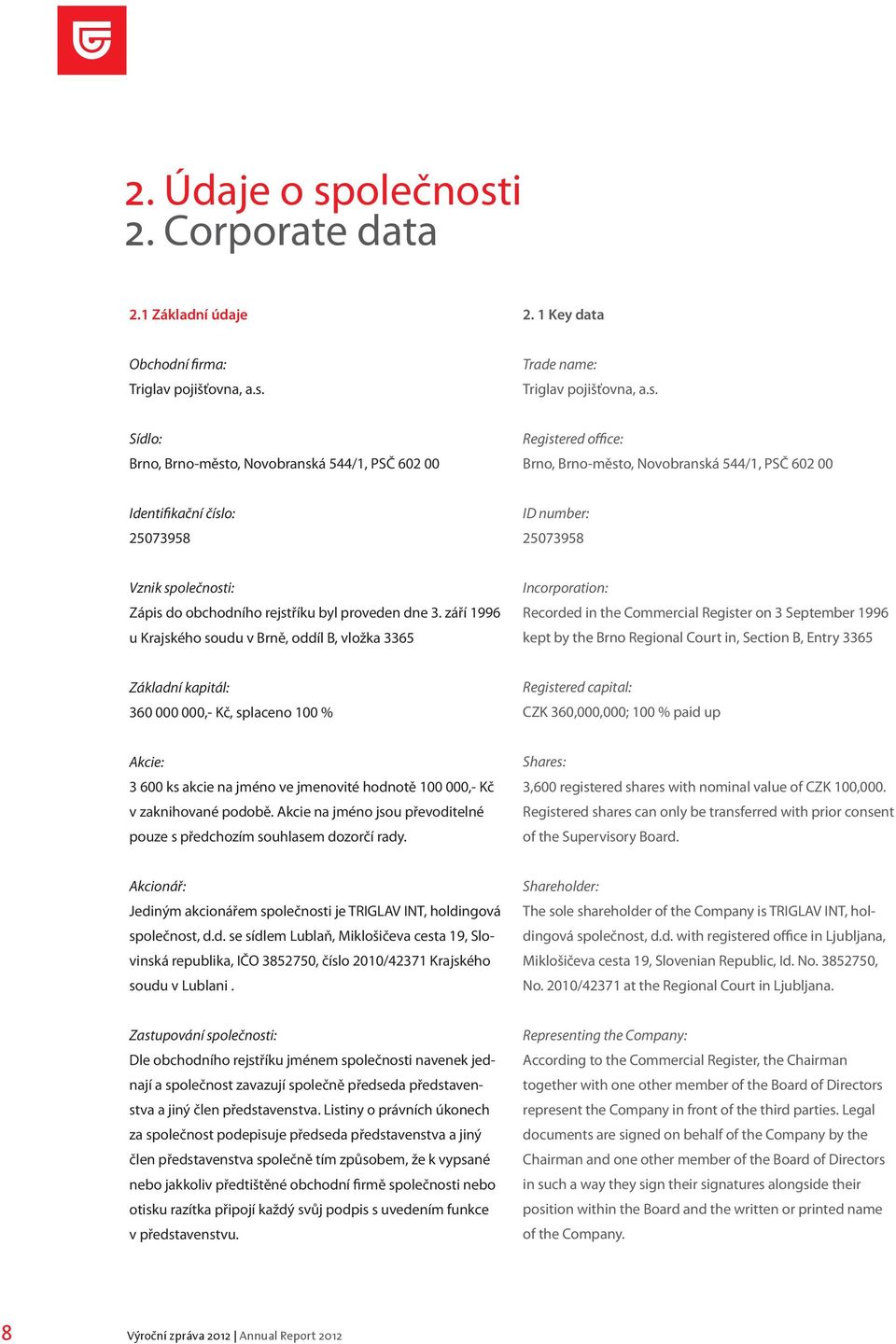 i 2. Corporate data 2.1 Základní údaje 2. 1 Key data Obchodní firma: Triglav pojišťovna, a.s.