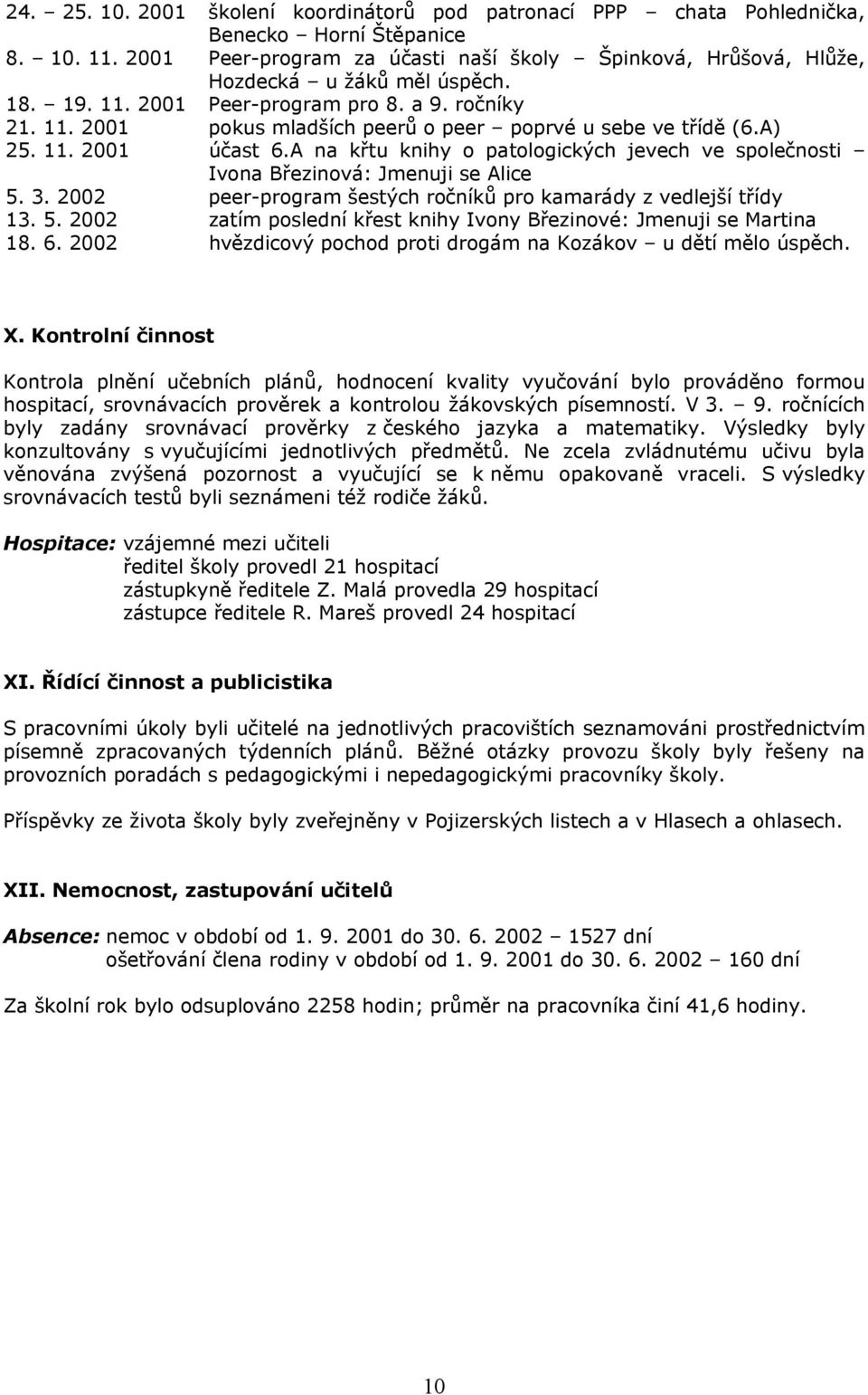 A) 25. 11. 2001 účast 6.A na křtu knihy o patologických jevech ve společnosti Ivona Březinová: Jmenuji se Alice 5. 3. 2002 peer-program šestých ročníků pro kamarády z vedlejší třídy 13. 5. 2002 zatím poslední křest knihy Ivony Březinové: Jmenuji se Martina 18.