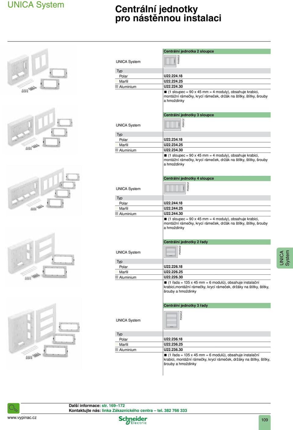 234.18 U22.234.25 U22.234.30 (1 sloupec = 90 x 45 mm = 4 moduly), obsahuje krabici, montážní rámečky, krycí rámeček, držák na štítky, štítky, šrouby a hmoždinky Centrální jednotky 4 sloupce P0052CZ U22.