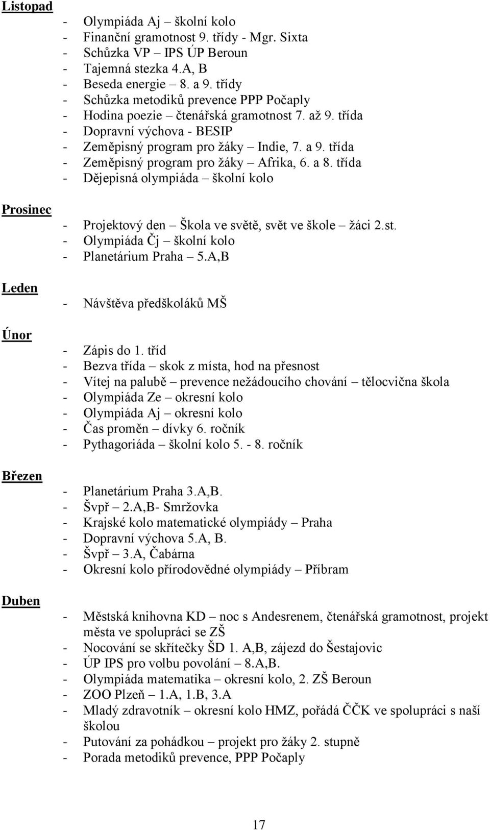 třída - Zeměpisný program pro žáky Afrika, 6. a 8. třída - Dějepisná olympiáda školní kolo - Projektový den Škola ve světě, svět ve škole žáci 2.st. - Olympiáda Čj školní kolo - Planetárium Praha 5.