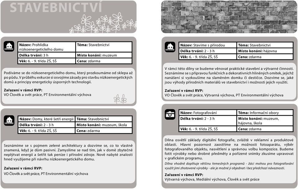 VO Člověk a svět práce, PT Environmentální výchova V rámci této dílny se budeme věnovat praktické stavební a výtvarné činnosti.