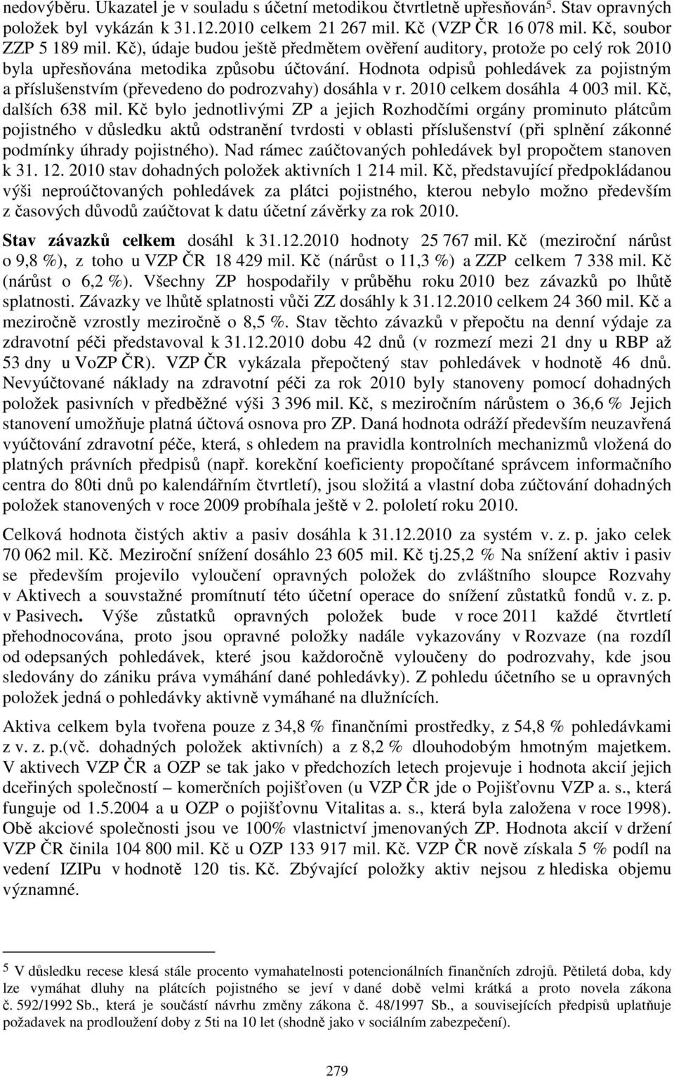 Hodnota odpisů pohledávek za pojistným a příslušenstvím (převedeno do podrozvahy) dosáhla v r. 2010 celkem dosáhla 4 003 mil. Kč, dalších 638 mil.