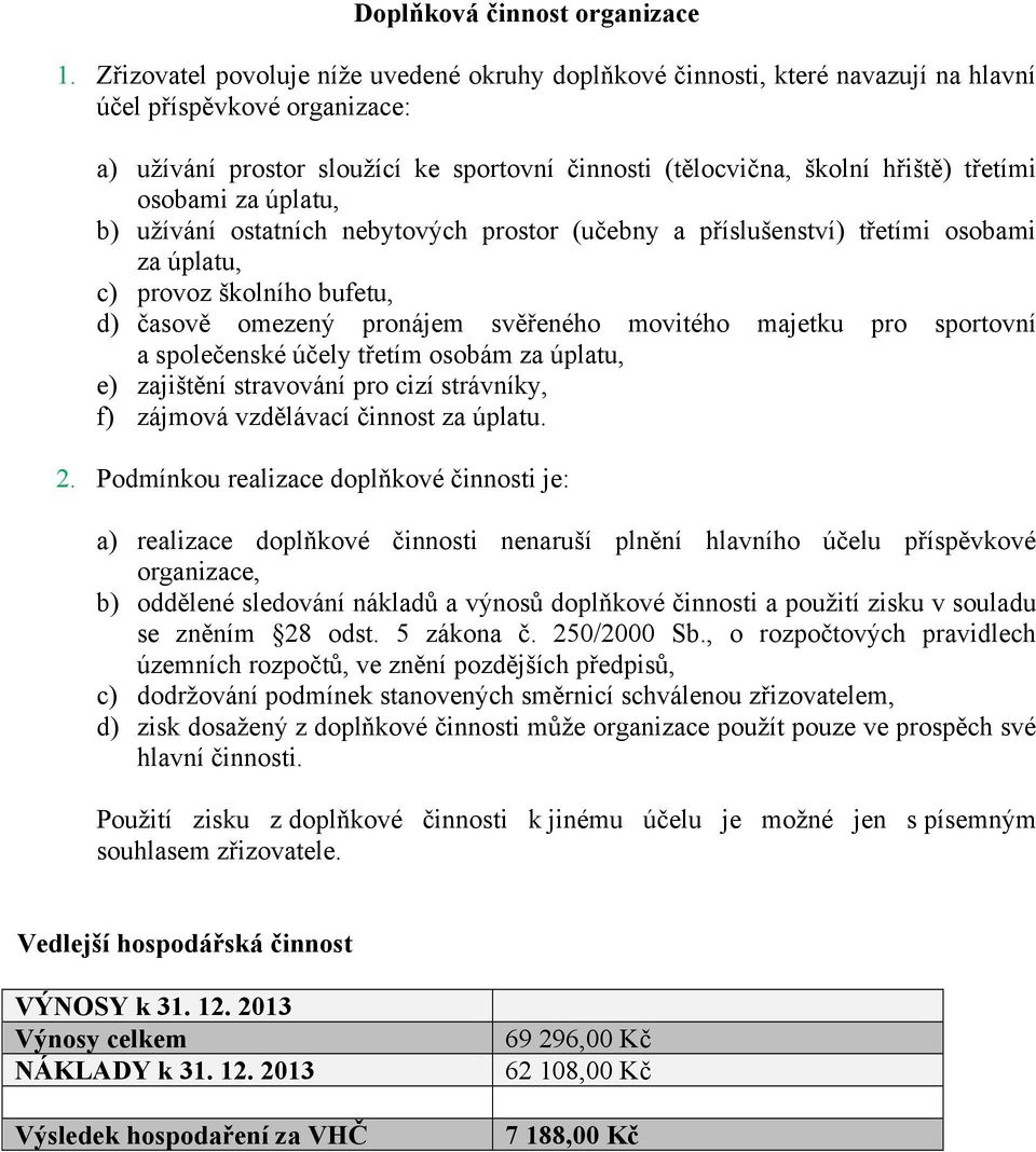 osobami za úplatu, b) užívání ostatních nebytových prostor (učebny a příslušenství) třetími osobami za úplatu, c) provoz školního bufetu, d) časově omezený pronájem svěřeného movitého majetku pro