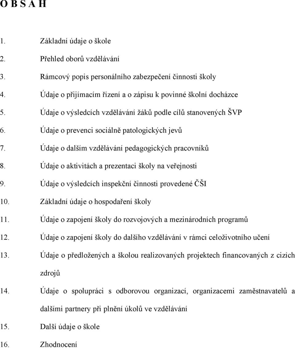 Údaje o aktivitách a prezentaci školy na veřejnosti 9. Údaje o výsledcích inspekční činnosti provedené ČŠI 10. Základní údaje o hospodaření školy 11.