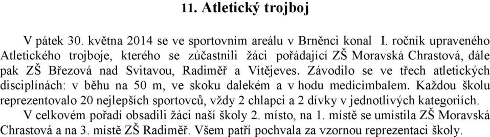 Závodilo se ve třech atletických disciplínách: v běhu na 5 m, ve skoku dalekém a v hodu medicimbalem.