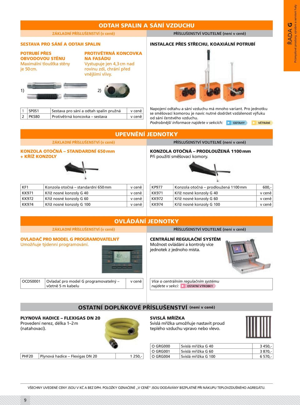 PŘÍSLUŠENSTVÍ VOLITELNÉ (není v ceně) Instalace přes střechu, koaxiální potrubí ŘADA G Průmyslové prostory, výrobní a servisní haly 1) 2) 1 SP0S1 Sestava pro sání a odtah spalin pružná v ceně 2 PKS80