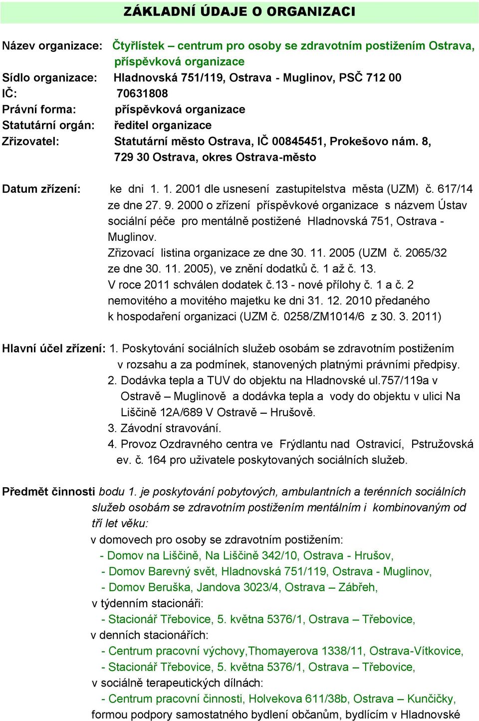 8, 729 30 Ostrava, okres Ostrava-město Datum zřízení: ke dni 1. 1. 2001 dle usnesení zastupitelstva města (UZM) č. 617/14 ze dne 27. 9.
