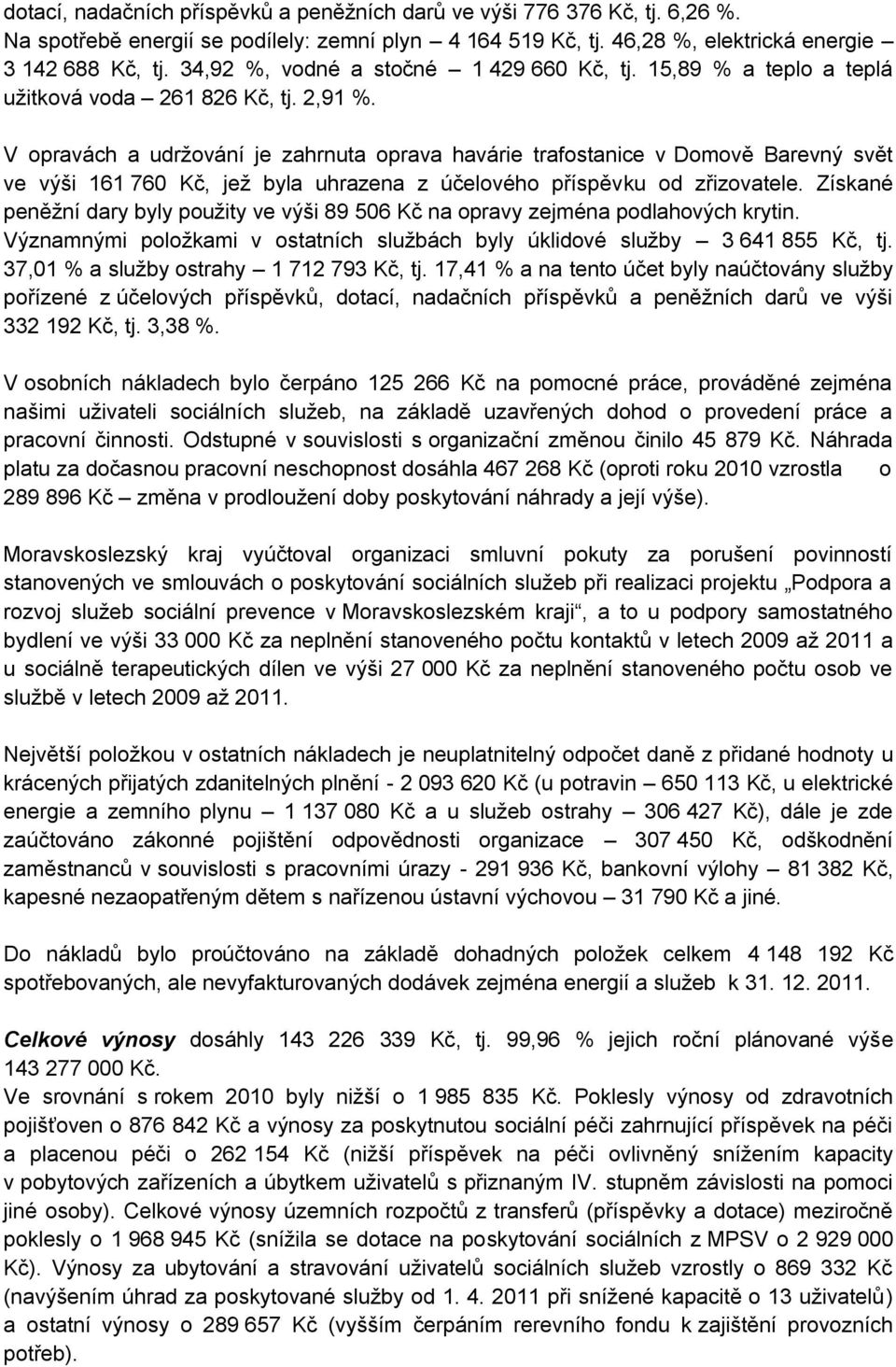 V opravách a udržování je zahrnuta oprava havárie trafostanice v Domově Barevný svět ve výši 161 760 Kč, jež byla uhrazena z účelového příspěvku od zřizovatele.