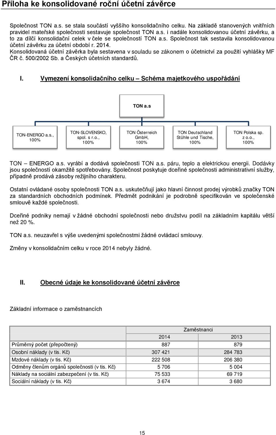 2014. Konsolidovaná účetní závěrka byla sestavena v souladu se zákonem o účetnictví za použití vyhlášky MF ČR č. 500/2002 Sb. a Českých účetních standardů. I.