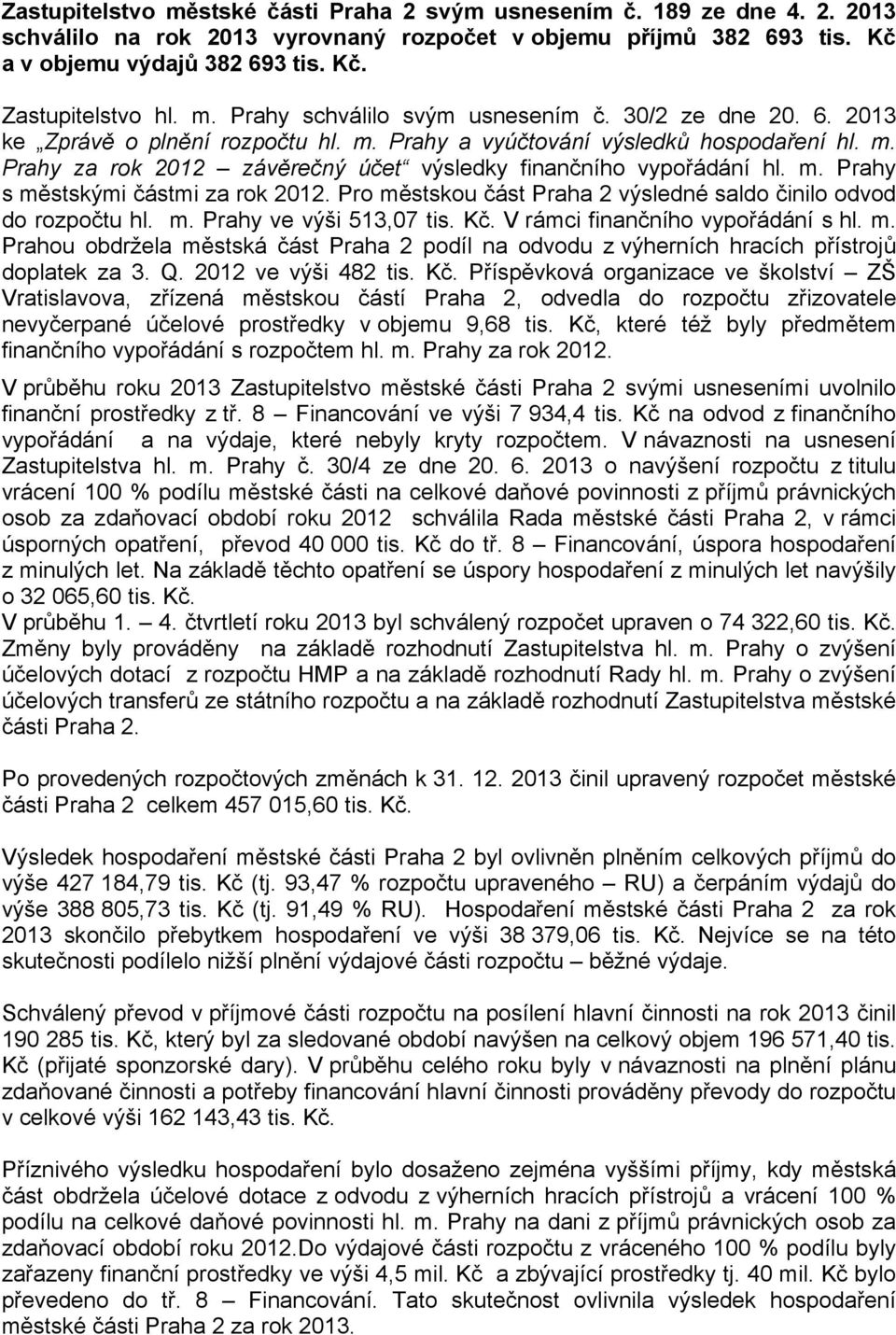 m. Prahy s městskými částmi za rok 2012. Pro městskou část Praha 2 výsledné saldo činilo odvod do rozpočtu hl. m. Prahy ve výši 513,07 tis. Kč. V rámci finančního vypořádání s hl. m. Prahou obdržela městská část Praha 2 podíl na odvodu z výherních hracích přístrojů doplatek za 3.