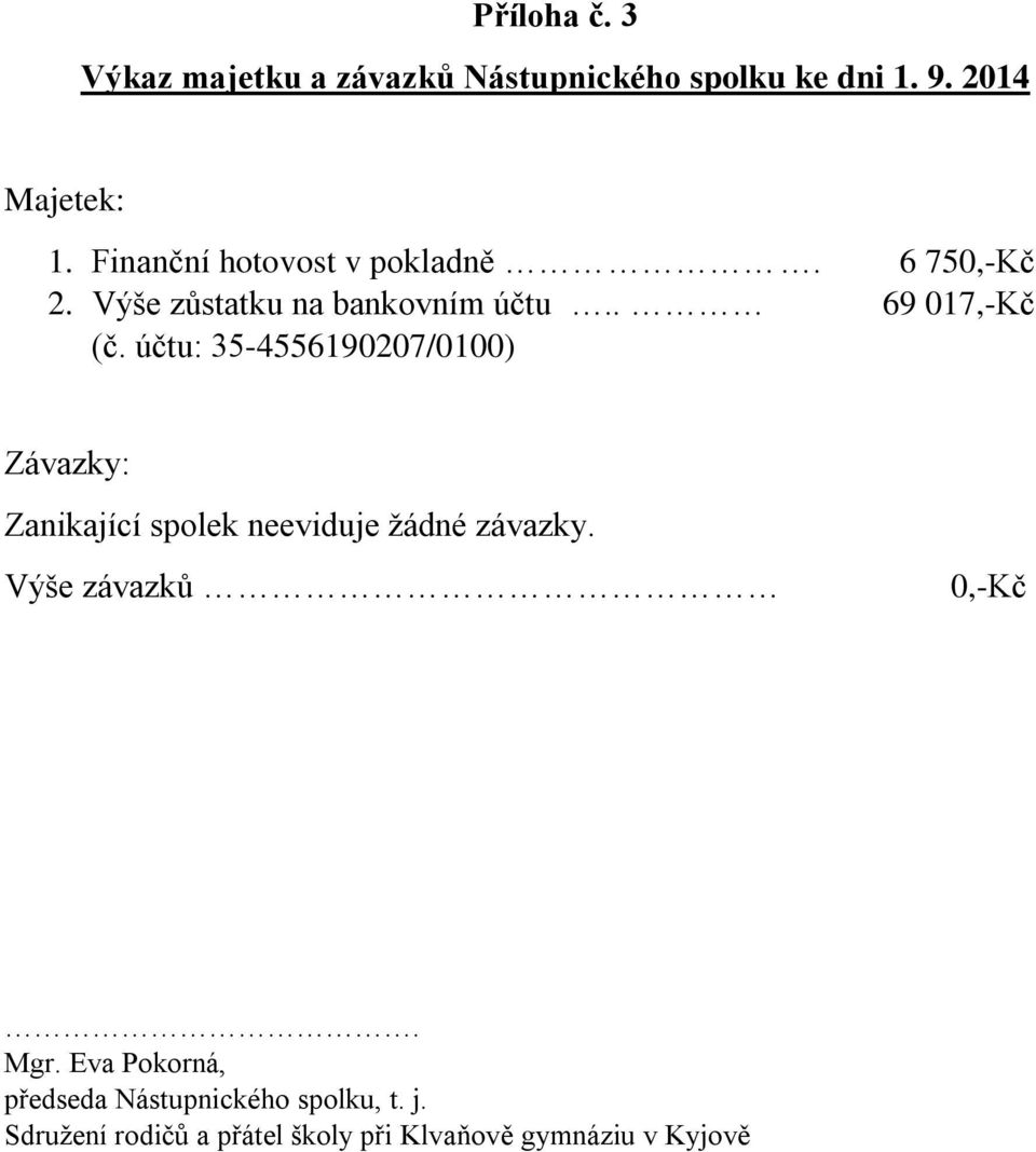 účtu: 35-4556190207/0100) Závazky: Zanikající spolek neeviduje žádné závazky. Výše závazků 0,-Kč.