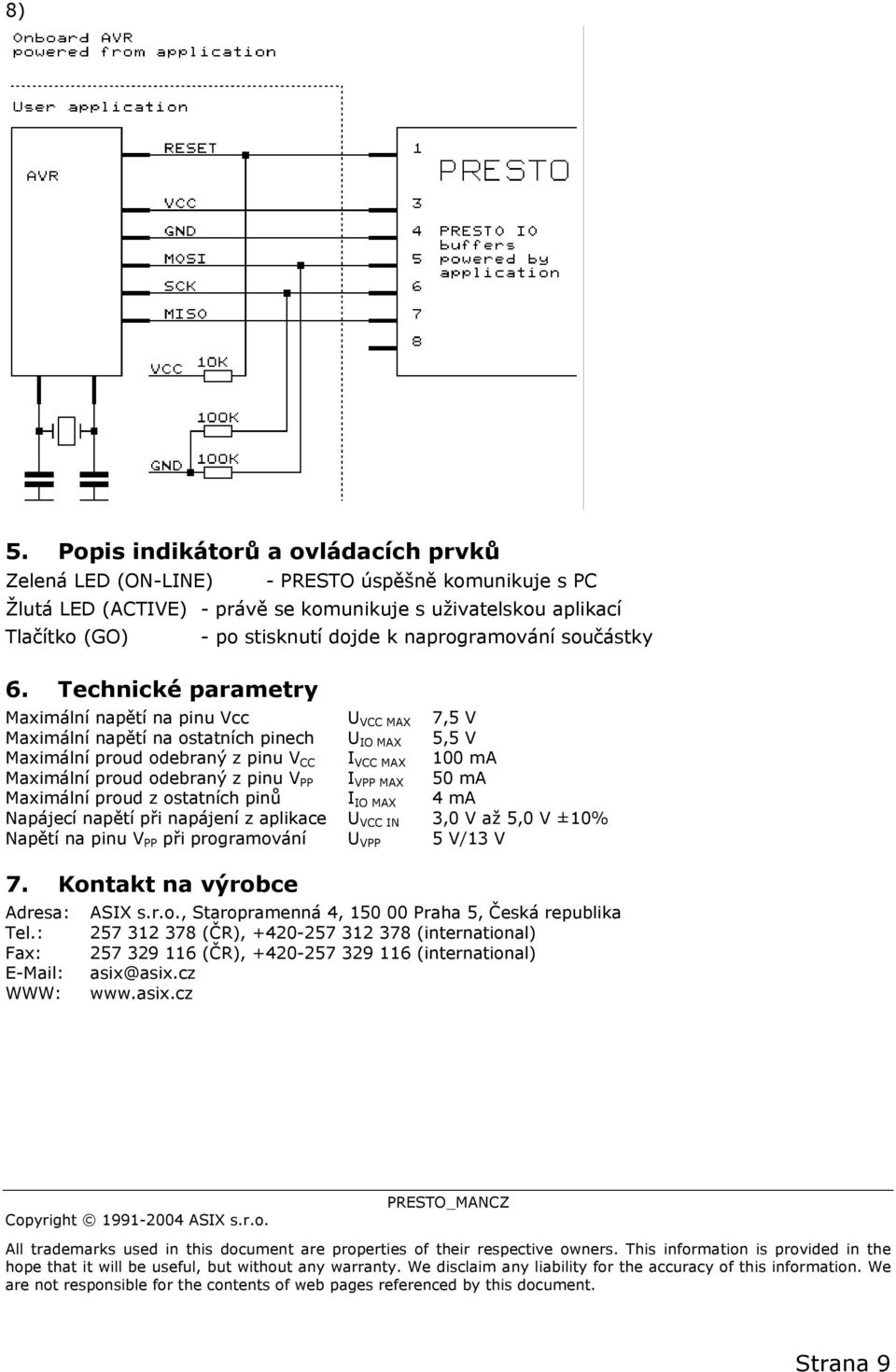 CC I VCC MAX 100 ma Maximální proud odebraný z pinu V PP I VPP MAX 50 ma Maximální proud z ostatních pinů I IO MAX 4 ma Napájecí napětí při napájení z aplikace U VCC IN 3,0 V až 5,0 V ±10% Napětí na