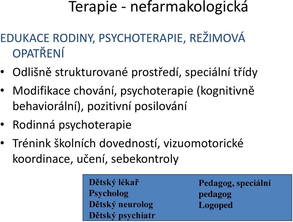 posilování Rodinná psychoterapie Trénink školních dovedností, vizuomotorické koordinace, učení,