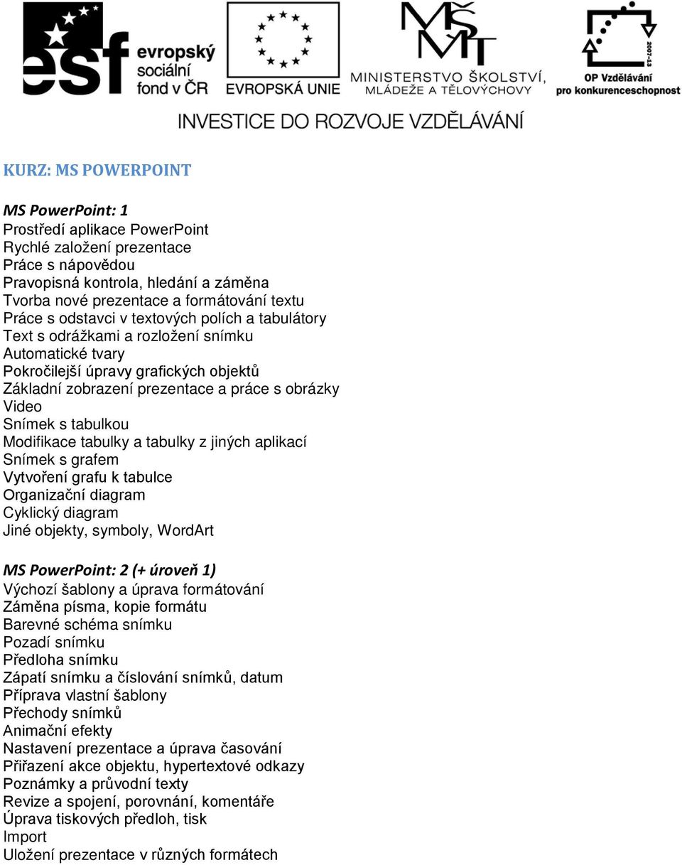 tabulkou Modifikace tabulky a tabulky z jiných aplikací Snímek s grafem Vytvoření grafu k tabulce Organizační diagram Cyklický diagram Jiné objekty, symboly, WordArt MS PowerPoint: 2 (+ úroveň 1)