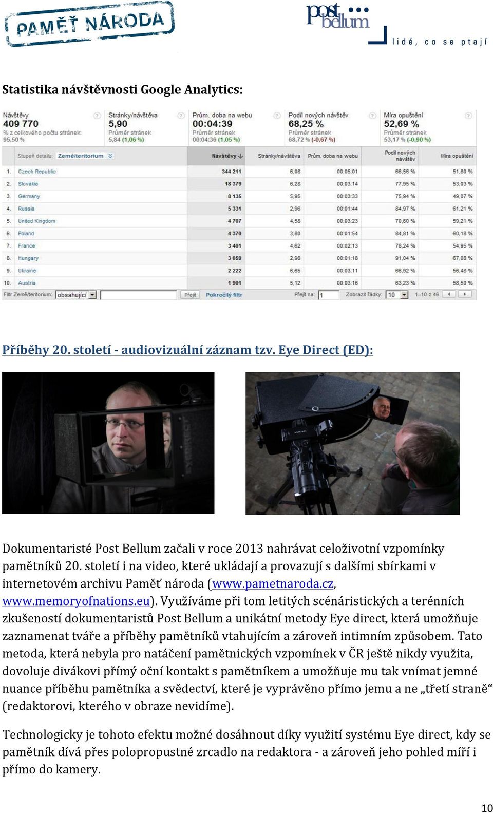 Využíváme při tom letitých scénáristických a terénních zkušeností dokumentaristů Post Bellum a unikátní metody Eye direct, která umožňuje zaznamenat tváře a příběhy pamětníků vtahujícím a zároveň