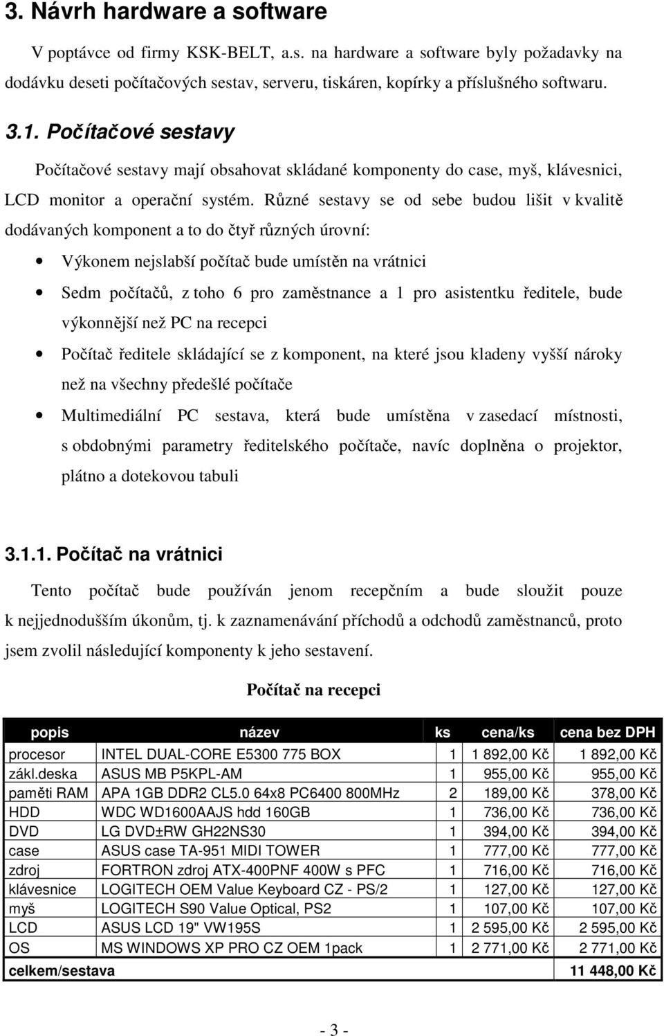 Různé sestavy se od sebe budou lišit v kvalitě dodávaných komponent a to do čtyř různých úrovní: Výkonem nejslabší počítač bude umístěn na vrátnici Sedm počítačů, z toho 6 pro zaměstnance a 1 pro