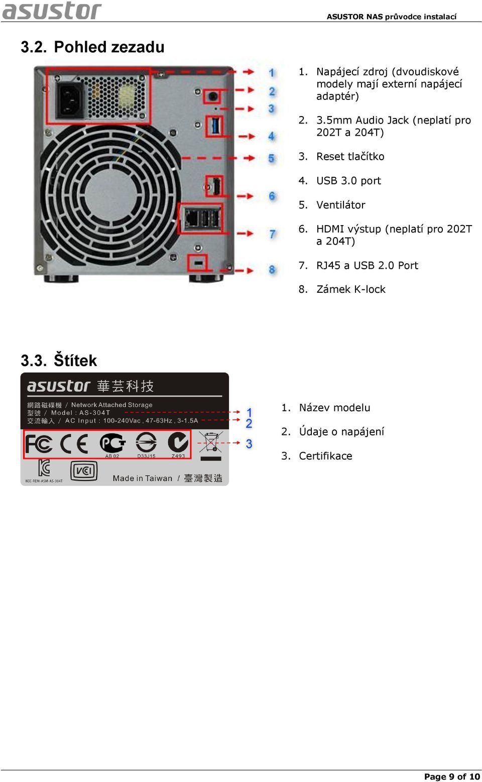 5mm Audio Jack (neplatí pro 202T a 204T) 3. Reset tlačítko 4. USB 3.0 port 5.