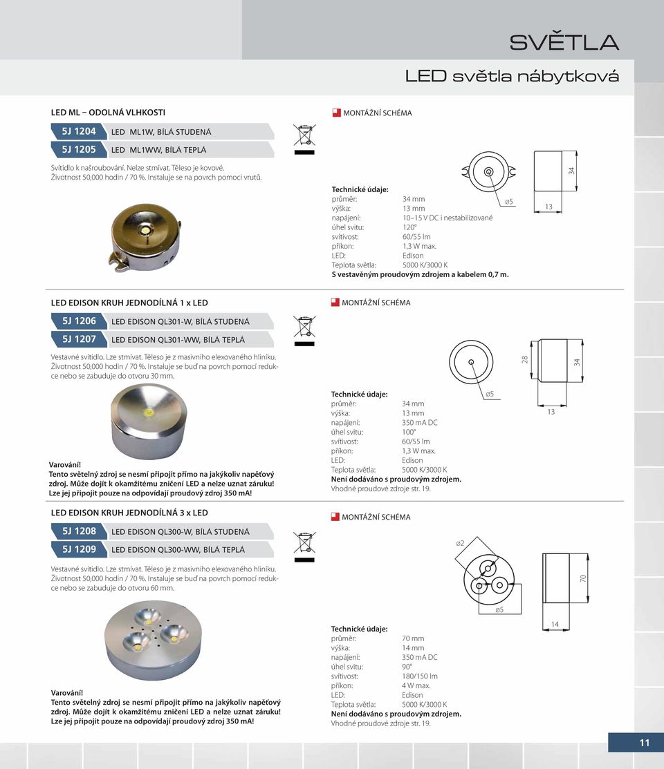 LED: Edison Teplota světla: 00 K/3000 K S vestavěným proudovým zdrojem a kabelem 0,7 m.