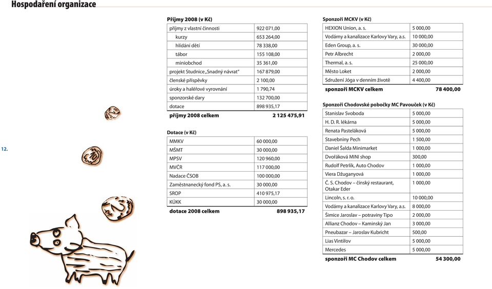 100,00 úroky a haléřové vyrovnání 1 790,74 sponzorské dary 132 700,00 dotace 898 935,17 příjmy 2008 celkem 2 125 475,91 Dotace (v Kč) MMKV 60 000,00 MŠMT 30 000,00 MPSV 120 960,00 MVČR 117 000,00