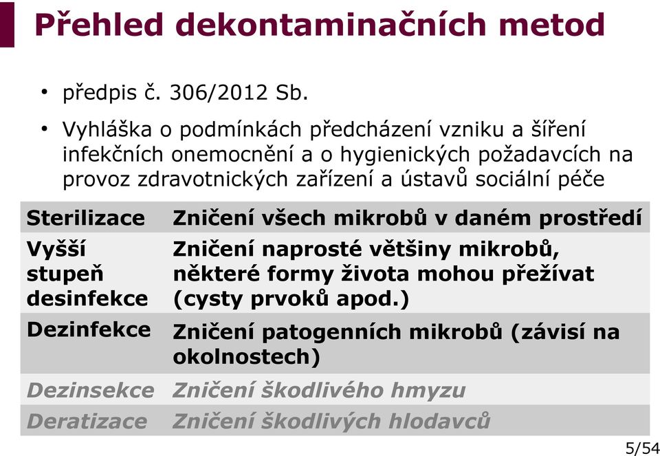 zařízení a ústavů sociální péče Sterilizace Zničení všech mikrobů v daném prostředí Vyšší stupeň desinfekce Zničení naprosté