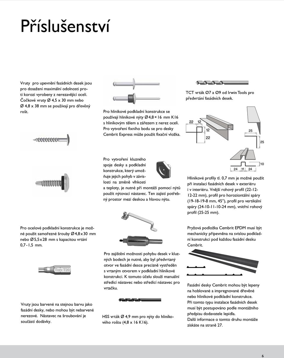 Pro vytvoření fixního bodu se pro desky Cembrit Express může použít fixační vložka. TCT vrták Ø7 a Ø9 od Irwin Tools pro předvrtání fasádních desek.