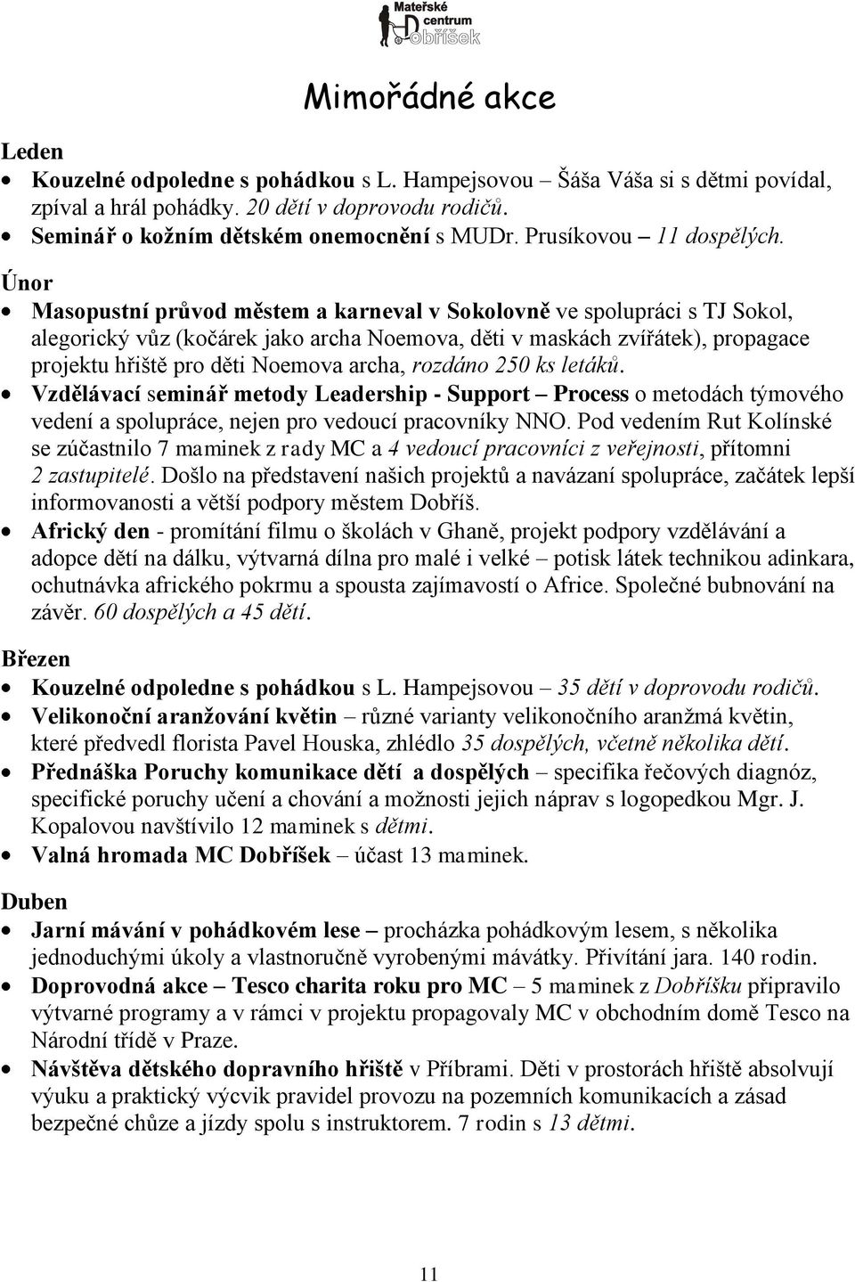 Únor Masopustní průvod městem a karneval v Sokolovně ve spolupráci s TJ Sokol, alegorický vůz (kočárek jako archa Noemova, děti v maskách zvířátek), propagace projektu hřiště pro děti Noemova archa,